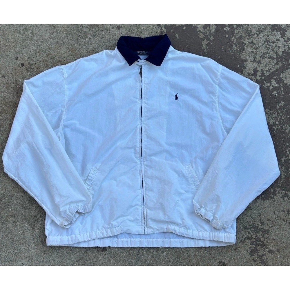 Polo Ralph Lauren 90s Made in USA Windbreaker Jacket White Navy Blue Pony Large